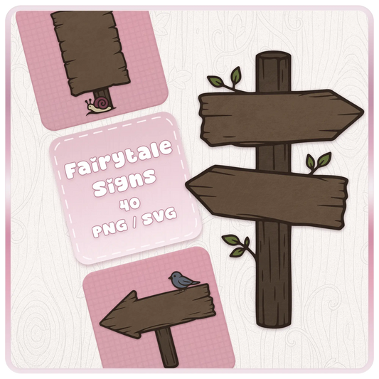 Fairytale Haunted Wooden Signs SVG and PNG bundle cover featuring dark rustic wooden signposts, blank arrow signs, snail detail, bird clipart, and spooky forest craft graphics.