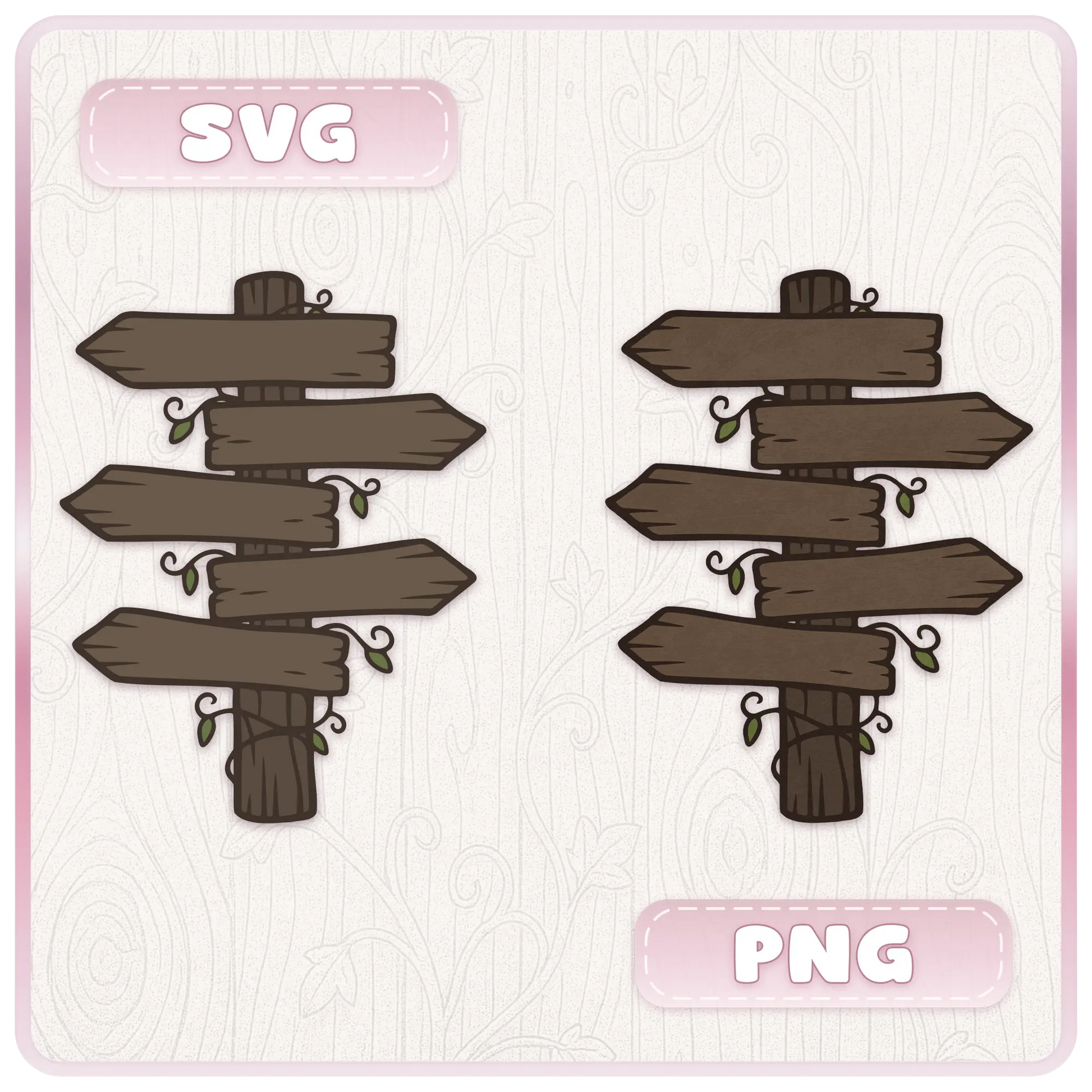 Haunted wooden sign SVG and PNG preview showing two dark rustic multi-directional signposts with blank wood planks, vines, leaves, and layered cut file designs.