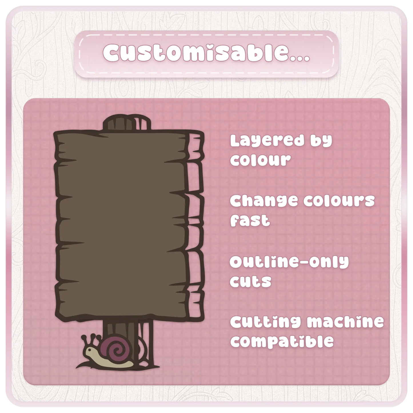 Customizable Fairytale Haunted wooden sign SVG preview with layered colours, fast colour editing, outline-only cuts, and cutting machine compatible clipart.