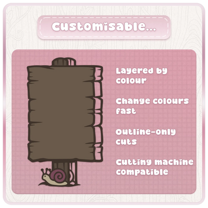 Customizable Fairytale Haunted wooden sign SVG preview with layered colours, fast colour editing, outline-only cuts, and cutting machine compatible clipart.