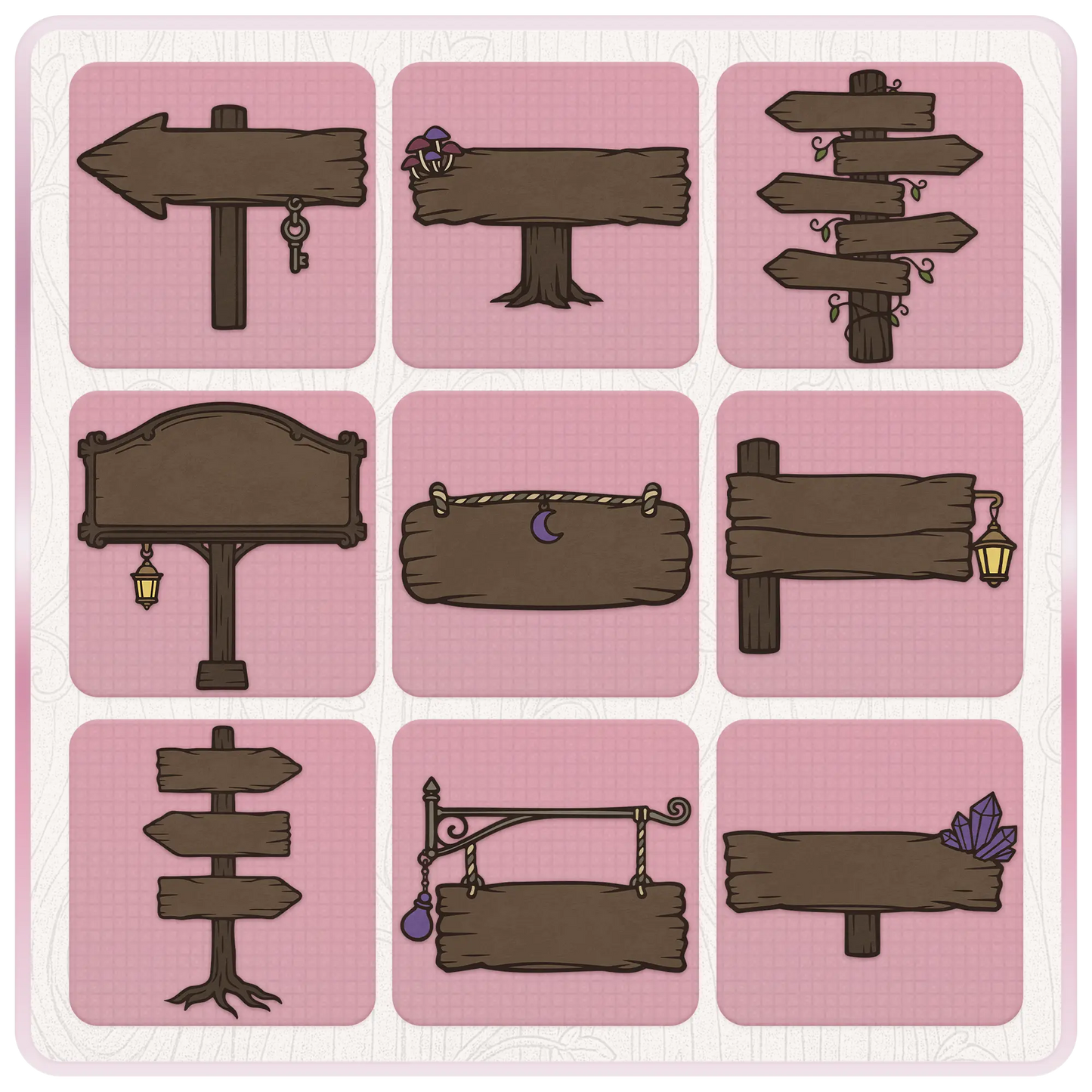 Fairytale Haunted wooden sign clipart preview featuring rustic arrows, hanging signs, lanterns, crystals, mushrooms, vines, moon charm, and spooky signpost designs.