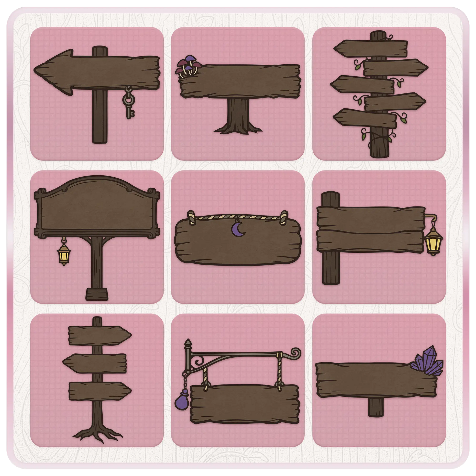 Fairytale Haunted wooden sign clipart preview featuring rustic arrows, hanging signs, lanterns, crystals, mushrooms, vines, moon charm, and spooky signpost designs.