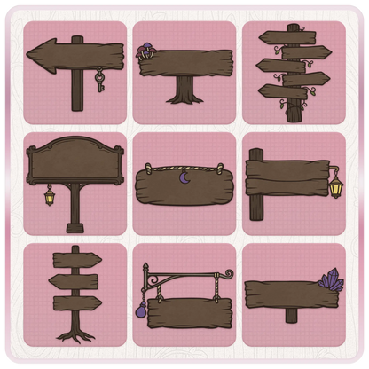 Fairytale Haunted wooden sign clipart preview featuring rustic arrows, hanging signs, lanterns, crystals, mushrooms, vines, moon charm, and spooky signpost designs.