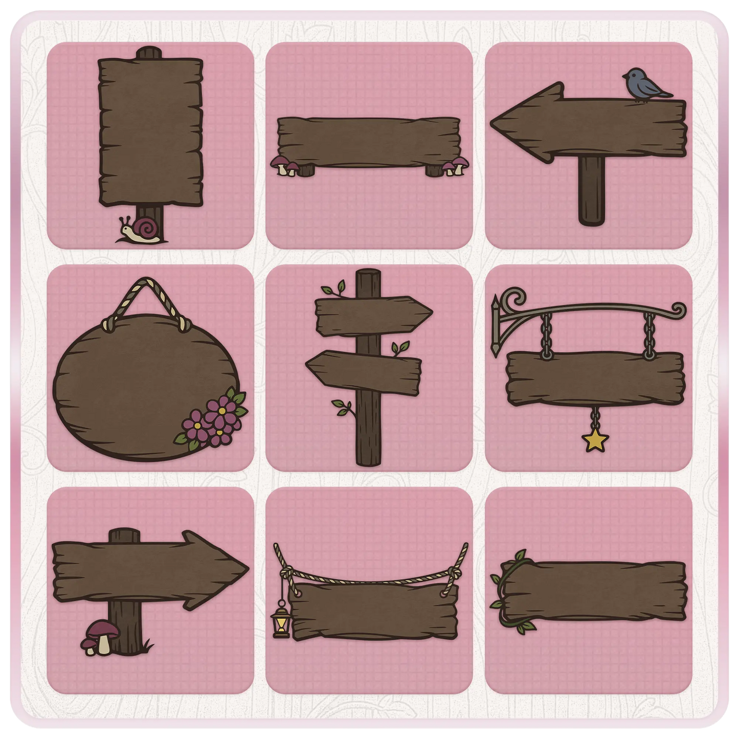 Haunted wooden sign SVG and PNG collection with blank wood boards, snail sign, mushroom plank, bird arrow sign, hanging star sign, floral plaque, and rustic forest signs.