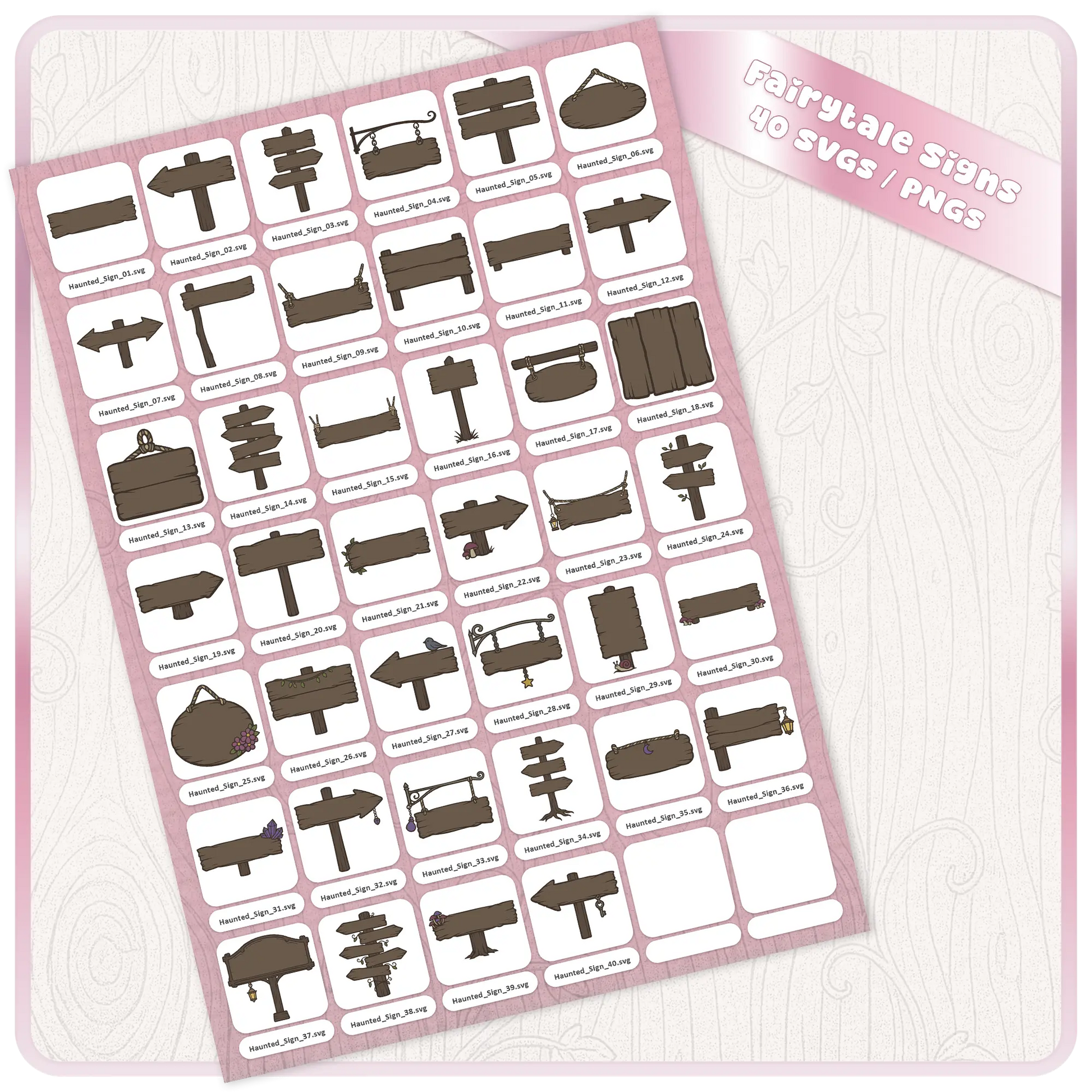 Fairytale Haunted Signs SVG and PNG bundle sheet showing 40 dark wooden sign clipart designs for Cricut, Silhouette, Halloween crafts, sublimation, stickers, and spooky printables.