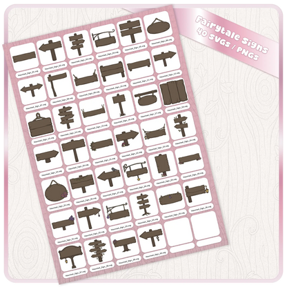 Fairytale Haunted Signs SVG and PNG bundle sheet showing 40 dark wooden sign clipart designs for Cricut, Silhouette, Halloween crafts, sublimation, stickers, and spooky printables.