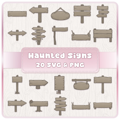 Haunted Wooden Signs SVG and PNG bundle featuring 20 rustic woodland signpost illustrations, blank wooden arrows and hanging signs for Halloween crafts.