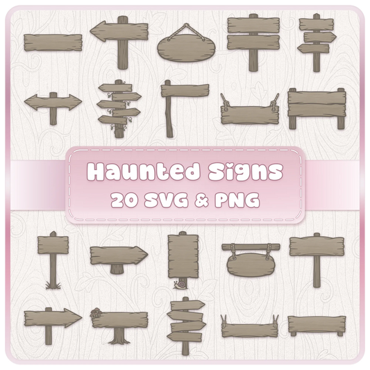 Haunted Wooden Signs SVG and PNG bundle featuring 20 rustic woodland signpost illustrations, blank wooden arrows and hanging signs for Halloween crafts.