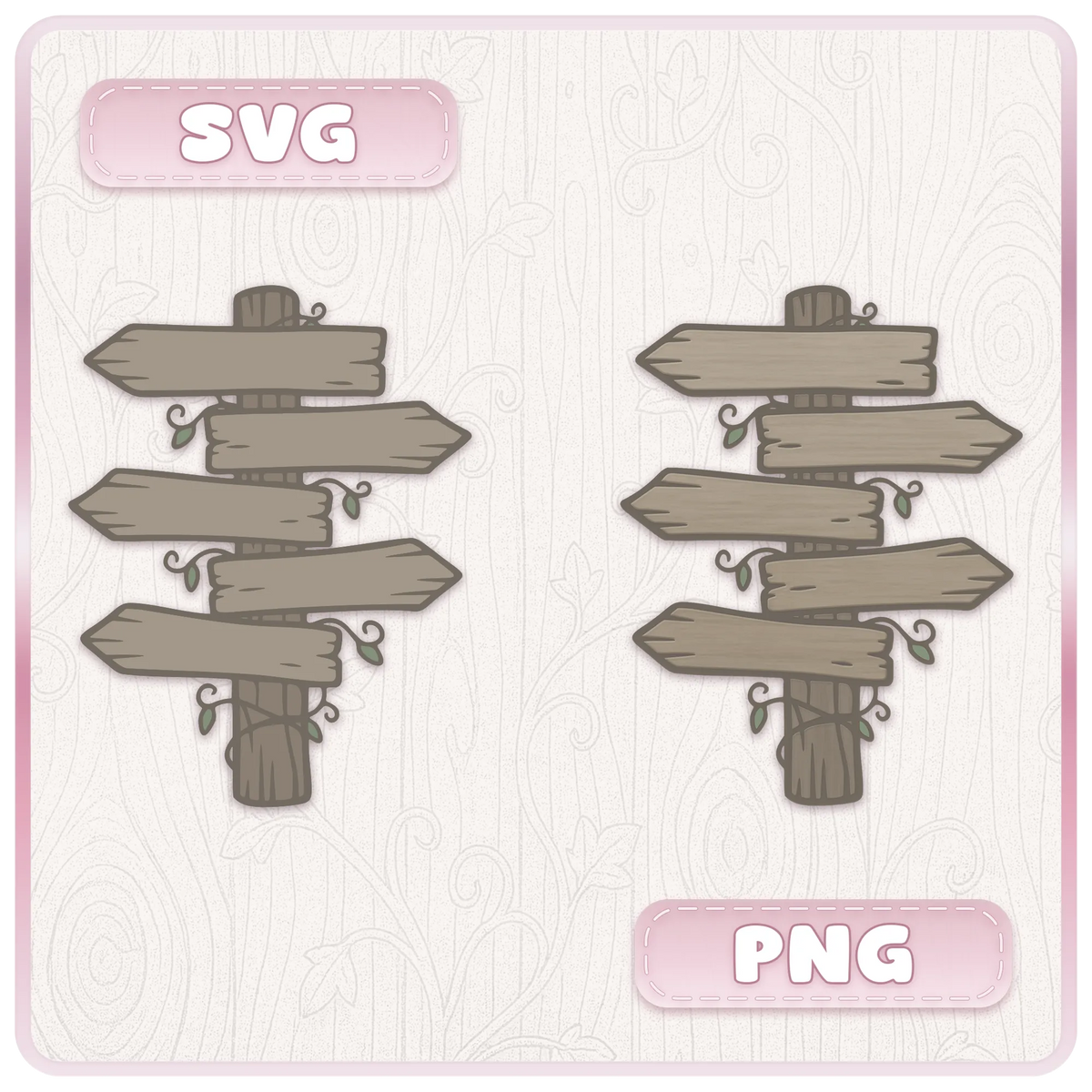 Side-by-side SVG and PNG versions of a rustic wooden directional signpost with five arrows and curling vines from the Haunted Wooden Signs clipart bundle.