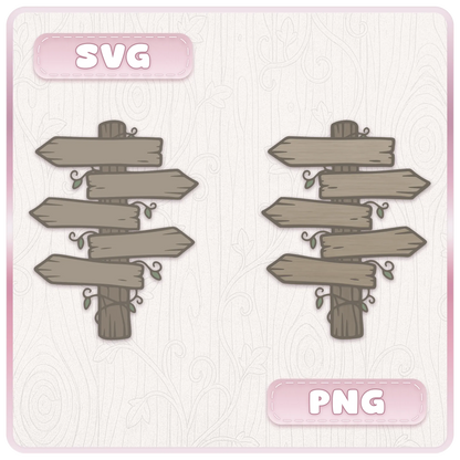 Side-by-side SVG and PNG versions of a rustic wooden directional signpost with five arrows and curling vines from the Haunted Wooden Signs clipart bundle.