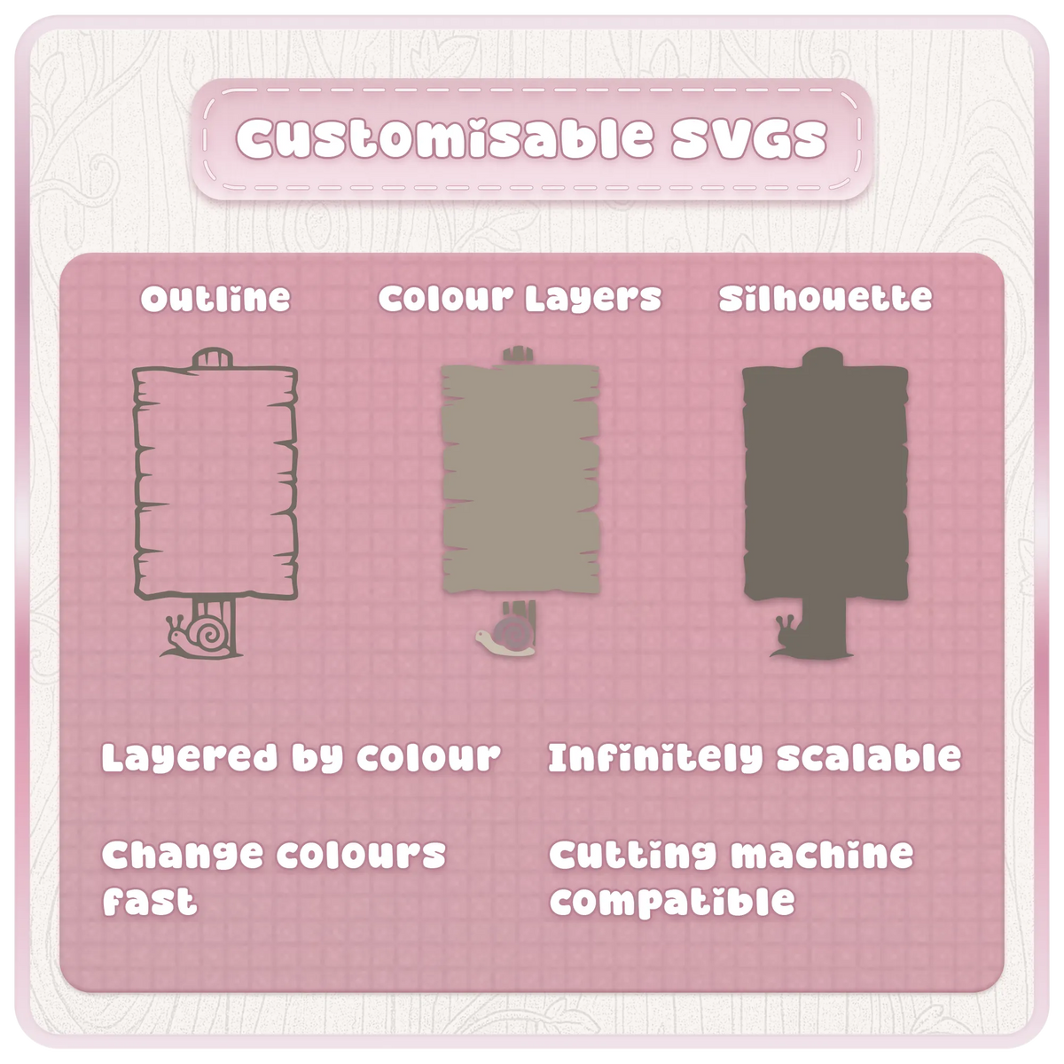 Customisable wooden sign SVG showing separate outline and colour layers plus silhouette view, ideal for recolouring and cutting machine craft projects.