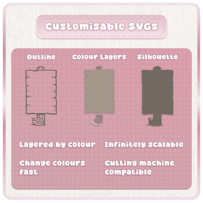 Customisable wooden sign SVG showing separate outline and colour layers plus silhouette view, ideal for recolouring and cutting machine craft projects.