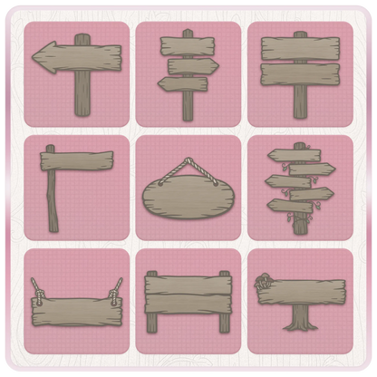 Nine spooky woodland wooden sign clipart designs including arrow signposts, rope-hung oval signs, rustic noticeboards and a mushroom woodland sign.