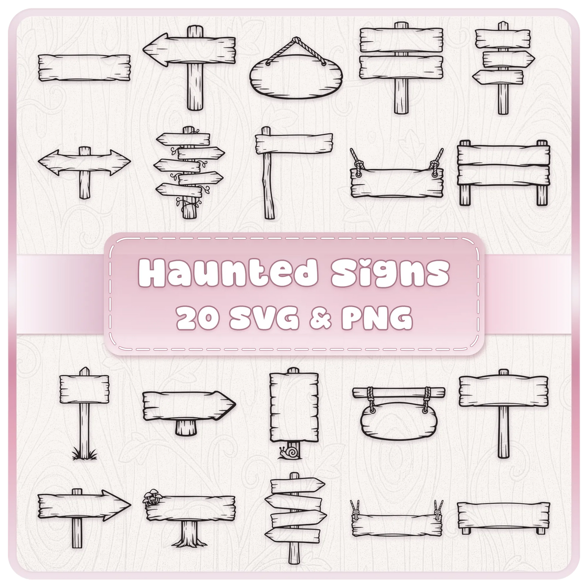 Haunted Wooden Signs SVG and PNG bundle featuring 20 black outline woodland signposts, rustic wooden arrows and hanging signs.