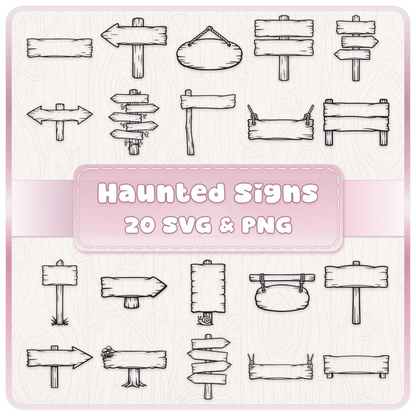 Haunted Wooden Signs SVG and PNG bundle featuring 20 black outline woodland signposts, rustic wooden arrows and hanging signs.