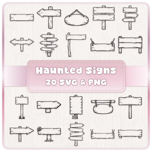 Haunted Wooden Signs SVG and PNG bundle featuring 20 black outline woodland signposts, rustic wooden arrows and hanging signs.