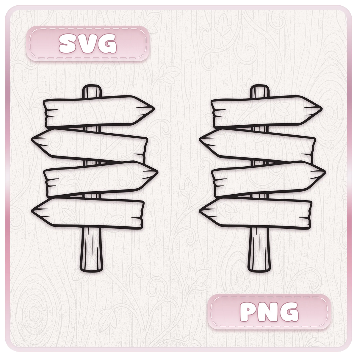 Haunted wooden directional signpost shown as SVG and PNG line art, featuring four rustic wooden arrows pointing left and right.