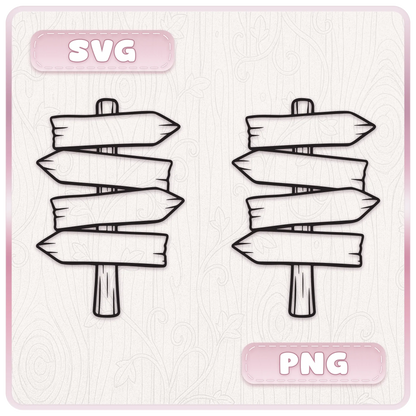 Haunted wooden directional signpost shown as SVG and PNG line art, featuring four rustic wooden arrows pointing left and right.
