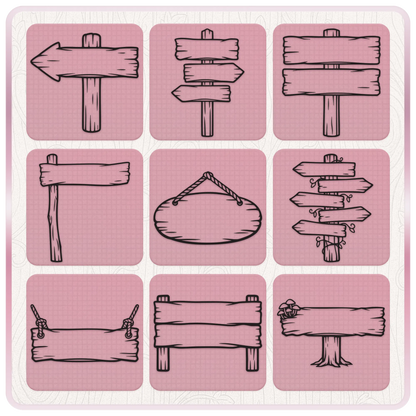Nine haunted wooden sign SVG designs including directional arrows, rustic plank signposts, a rope hanging sign and mushroom details.
