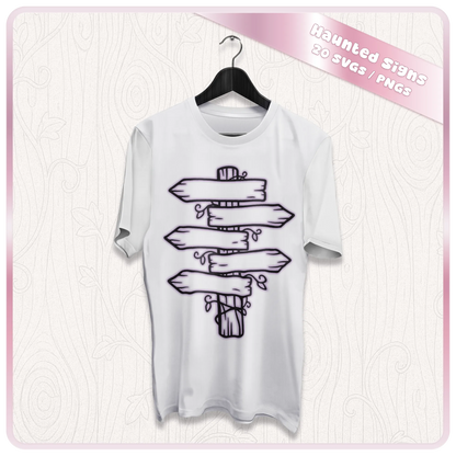 White T-shirt mockup featuring a haunted woodland directional signpost design with rustic wooden arrows in black line art.