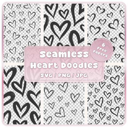 6 doodle heart seamless patterns SVG PNG JPG digital download featuring hand drawn scribble and brush heart pattern overlays with 6 free colour papers