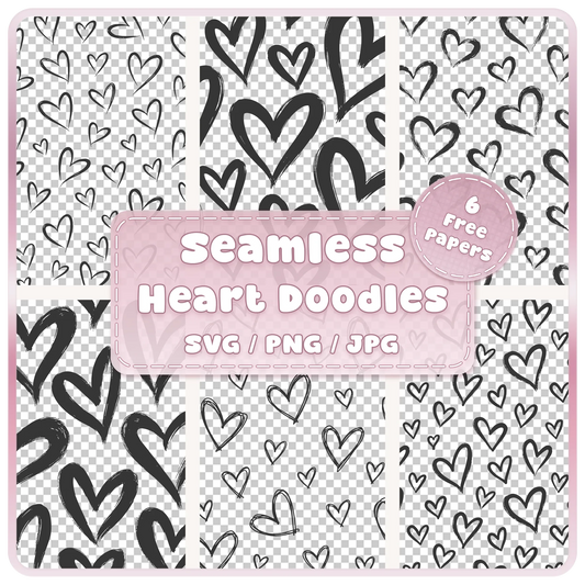 6 doodle heart seamless patterns SVG PNG JPG digital download featuring hand drawn scribble and brush heart pattern overlays with 6 free colour papers