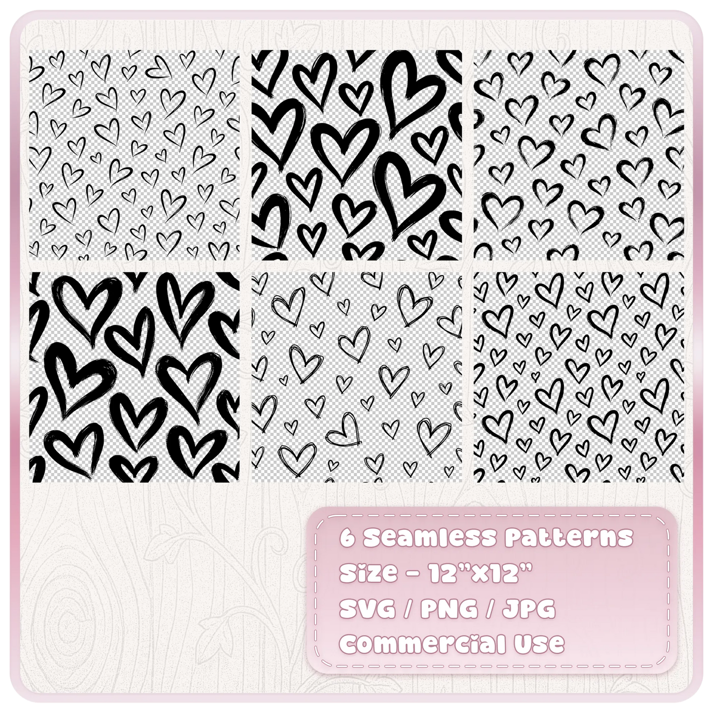 Six seamless doodle heart patterns in black featuring hand drawn scribble hearts, brush hearts and sketched heart outlines supplied as SVG PNG and JPG