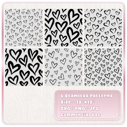 Six seamless doodle heart patterns in black featuring hand drawn scribble hearts, brush hearts and sketched heart outlines supplied as SVG PNG and JPG