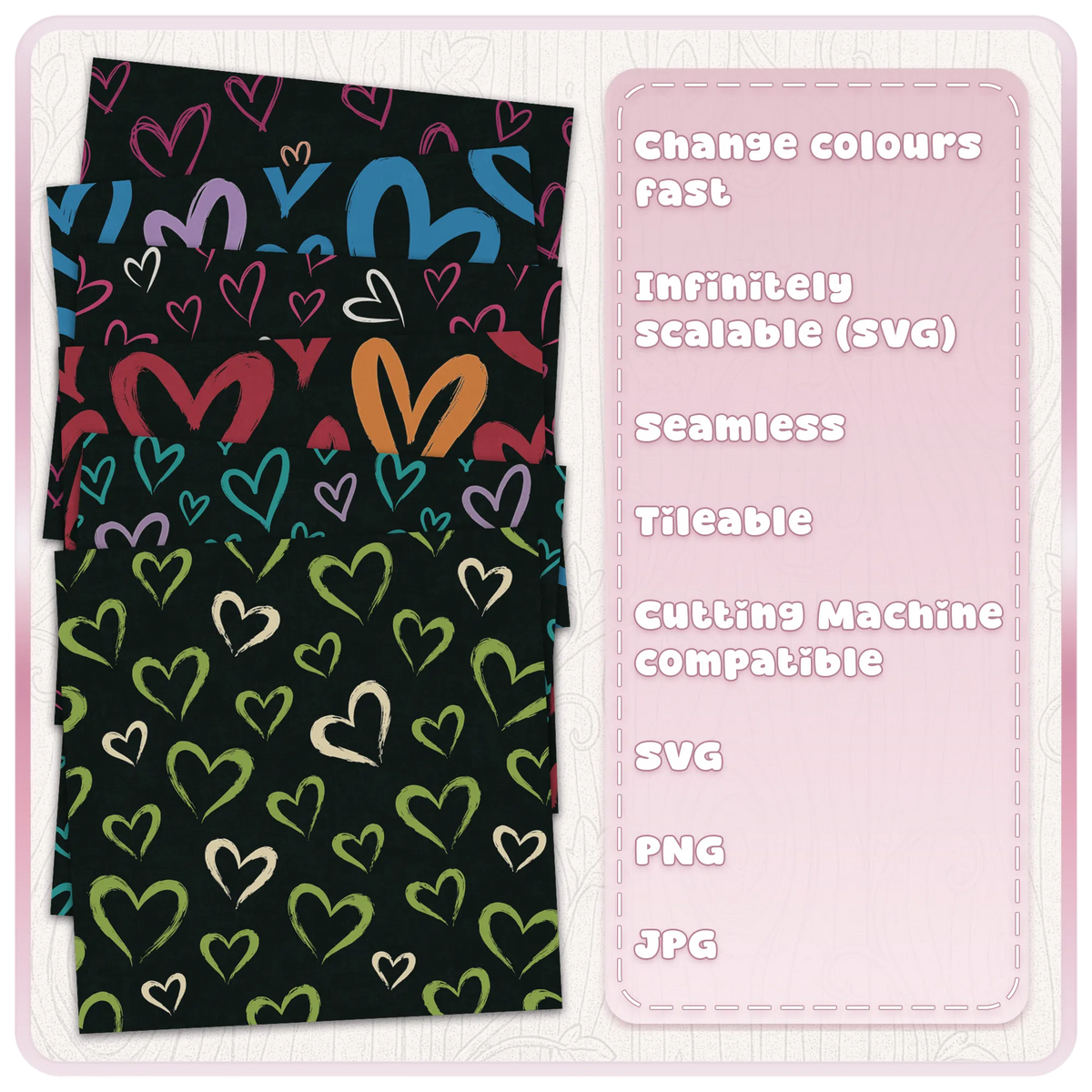 Colour examples of doodle heart seamless patterns on dark backgrounds with SVG PNG JPG formats, scalable vector designs and cutting machine compatibility