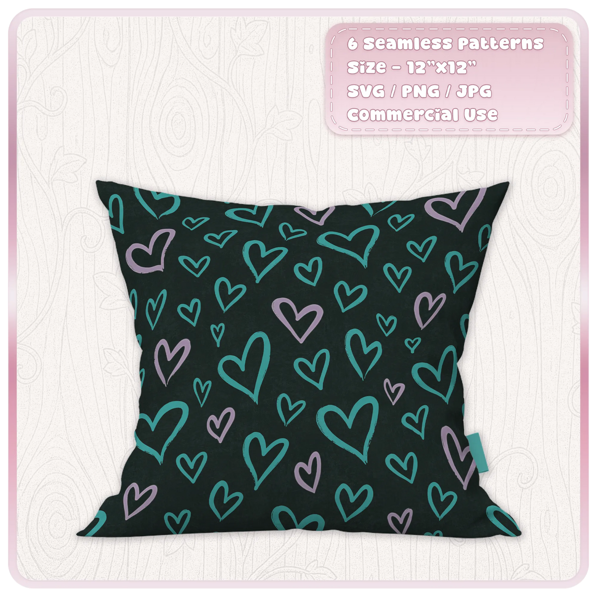 Teal and lilac doodle heart seamless pattern shown on decorative cushion mockup with hand drawn scribble hearts on a dark background