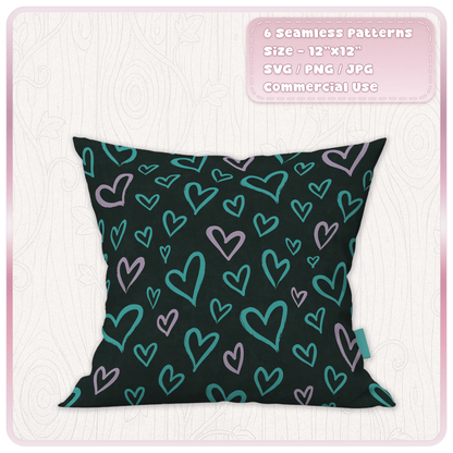 Teal and lilac doodle heart seamless pattern shown on decorative cushion mockup with hand drawn scribble hearts on a dark background