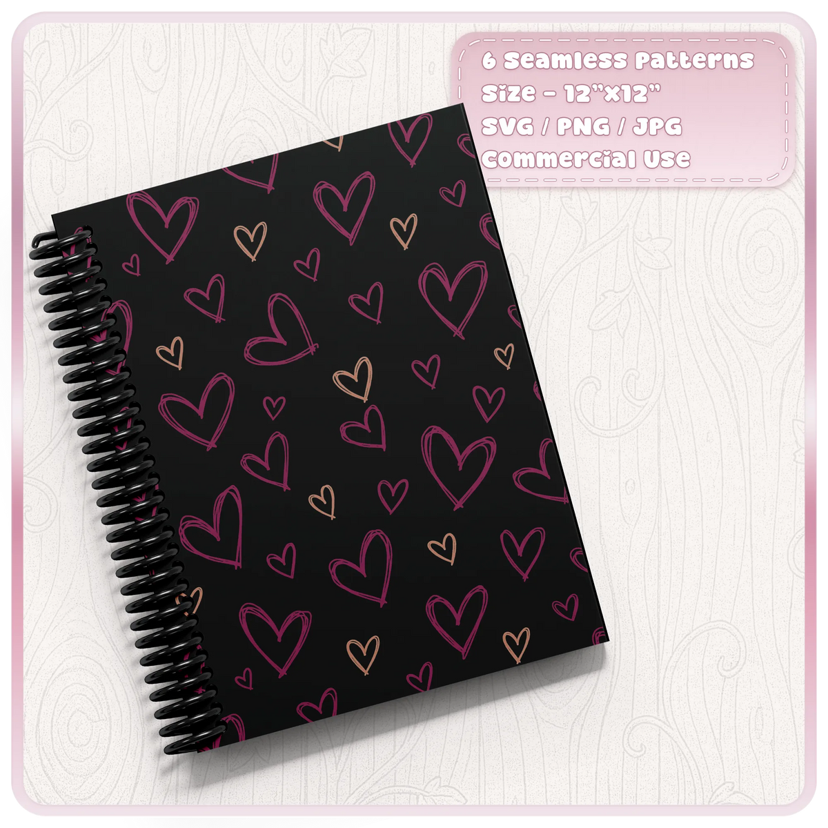 Pink and peach scribble heart seamless pattern displayed on a black spiral notebook using hand drawn doodle heart pattern artwork