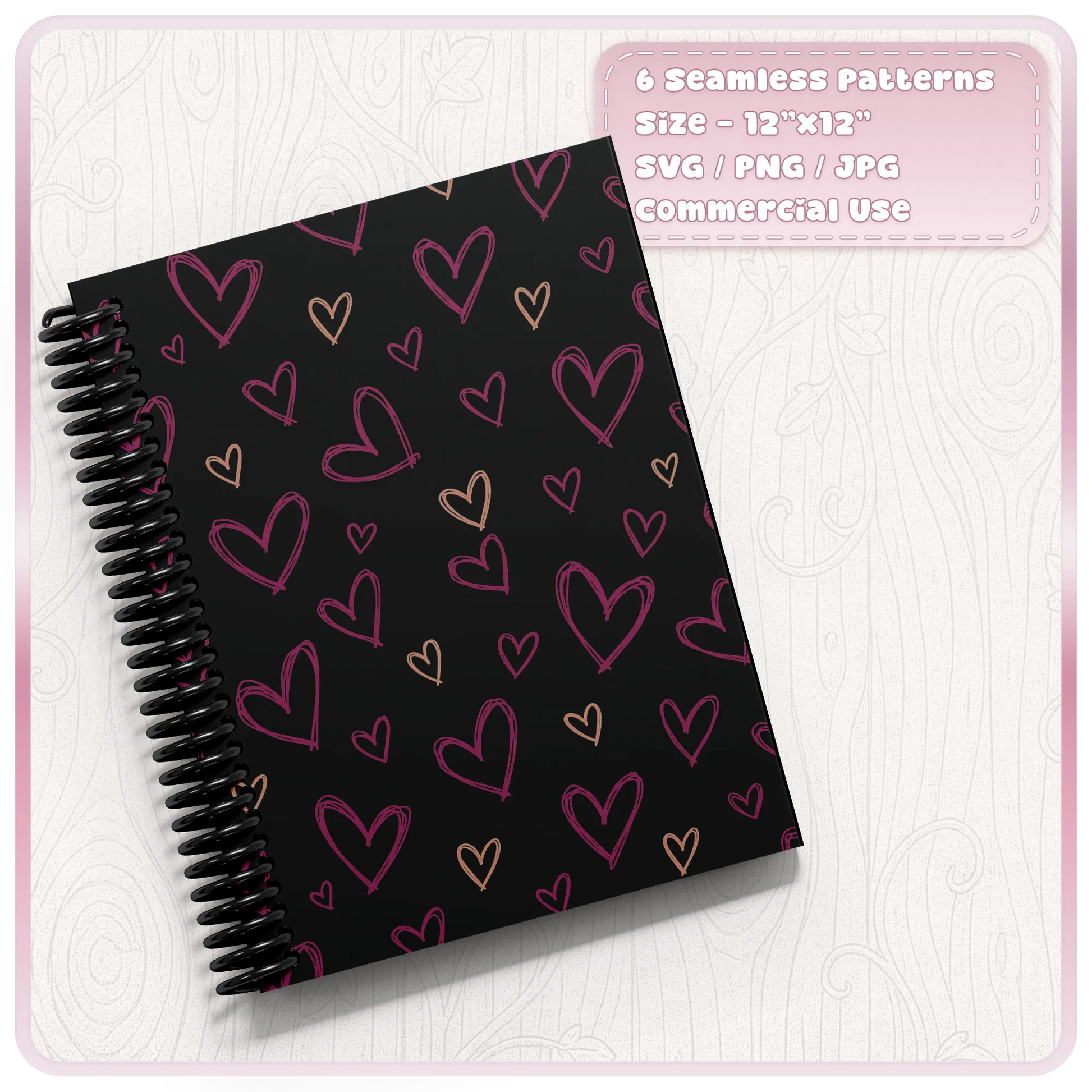 Pink and peach scribble heart seamless pattern displayed on a black spiral notebook using hand drawn doodle heart pattern artwork