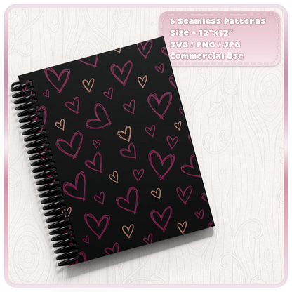 Pink and peach scribble heart seamless pattern displayed on a black spiral notebook using hand drawn doodle heart pattern artwork