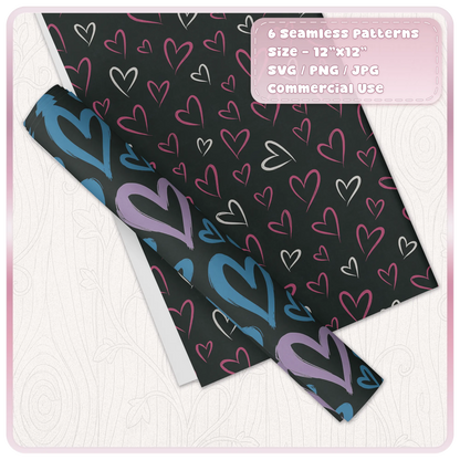 Pink hand drawn heart seamless pattern with blue and lilac brush hearts shown on wrapping paper mockup for gift wrap and surface pattern design