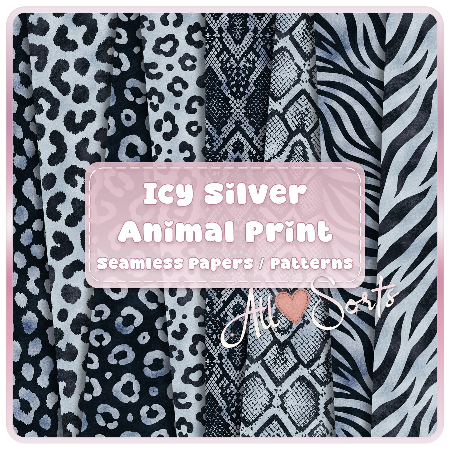 Icy Silver animal print seamless digital paper bundle featuring leopard, snakeskin, zebra and safari pattern JPGs for sublimation and scrapbooking.
