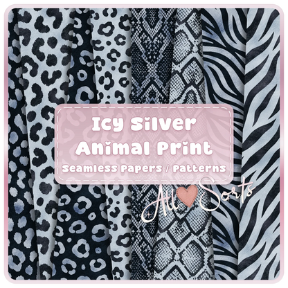 Icy Silver animal print seamless digital paper bundle featuring leopard, snakeskin, zebra and safari pattern JPGs for sublimation and scrapbooking.