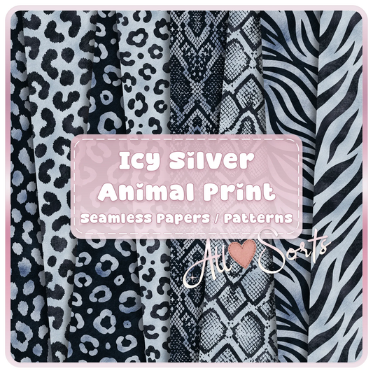 Icy Silver animal print seamless digital paper bundle featuring leopard, snakeskin, zebra and safari pattern JPGs for sublimation and scrapbooking.