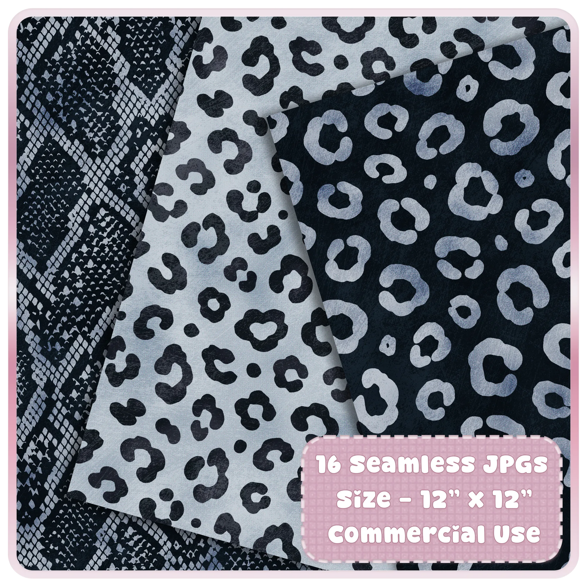 Icy Silver leopard and snakeskin seamless pattern preview with 16 JPG digital papers for commercial use craft projects.