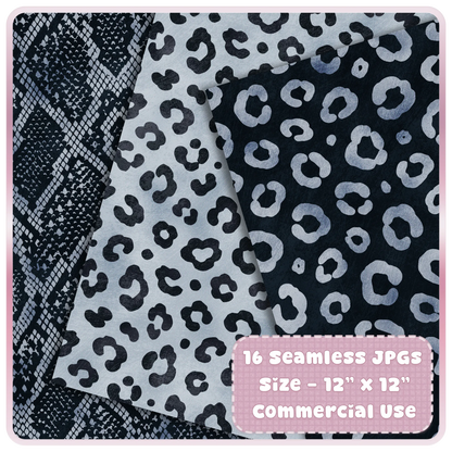Icy Silver leopard and snakeskin seamless pattern preview with 16 JPG digital papers for commercial use craft projects.