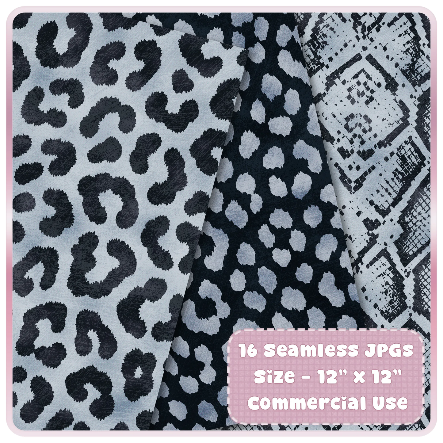 Frosted blue, silver and black leopard print and snakeskin seamless digital paper preview for sublimation and printable backgrounds.