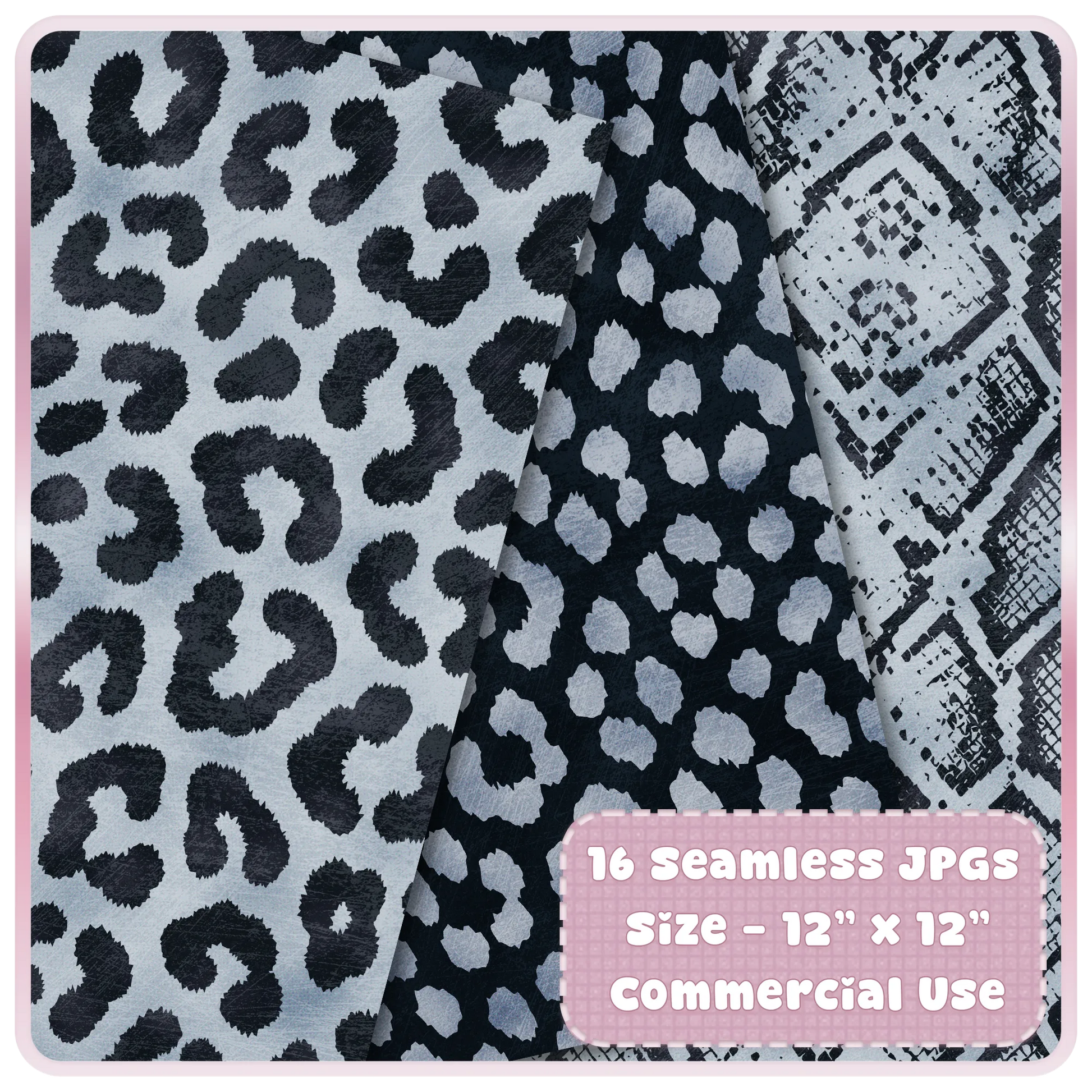 Frosted blue, silver and black leopard print and snakeskin seamless digital paper preview for sublimation and printable backgrounds.