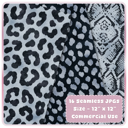Frosted blue, silver and black leopard print and snakeskin seamless digital paper preview for sublimation and printable backgrounds.