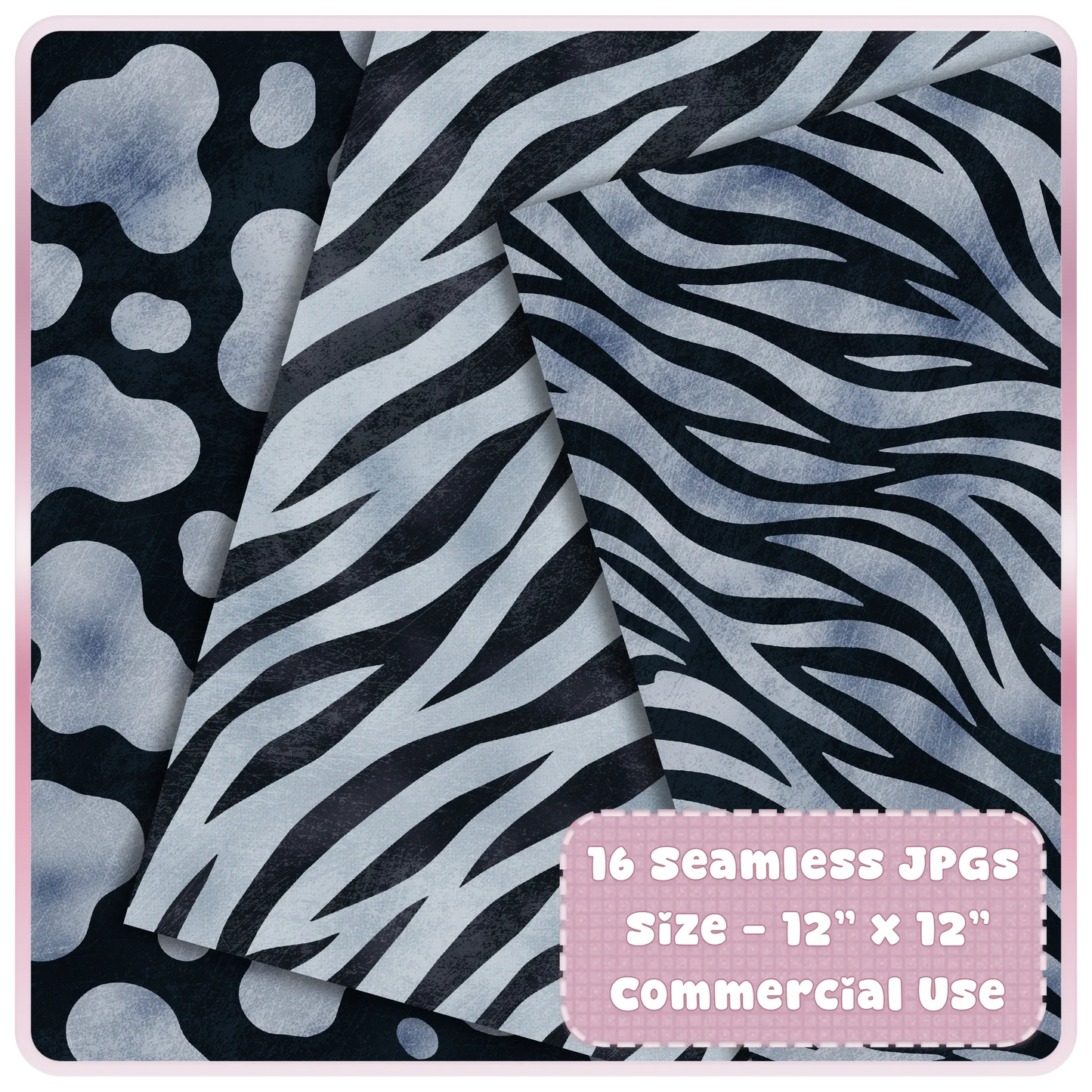 Icy Silver zebra print seamless digital paper preview with black safari stripe patterns for sublimation and craft designs.