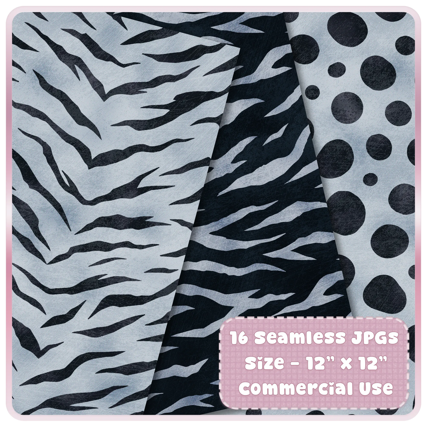 Icy Silver tiger stripe and polka dot animal print seamless patterns for digital paper, printables and commercial craft projects.