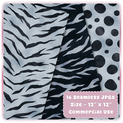 Icy Silver tiger stripe and polka dot animal print seamless patterns for digital paper, printables and commercial craft projects.