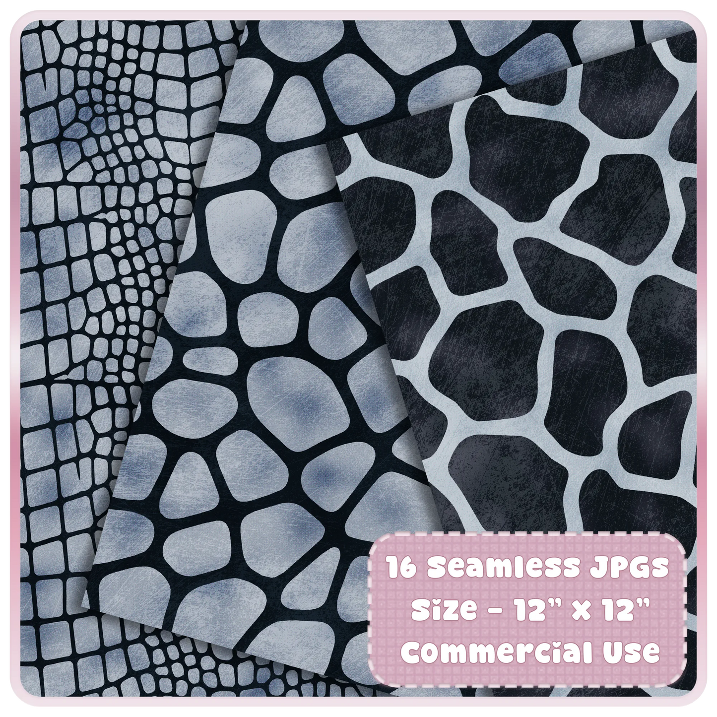 Icy Silver giraffe and reptile skin seamless digital paper preview with black animal print patterns for sublimation designs.
