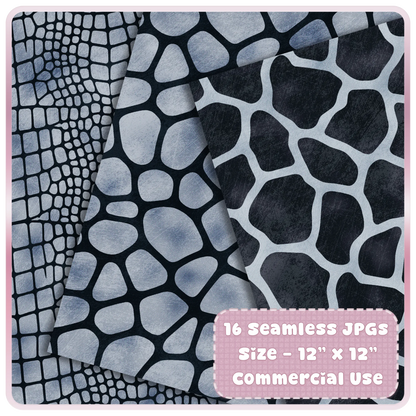 Icy Silver giraffe and reptile skin seamless digital paper preview with black animal print patterns for sublimation designs.