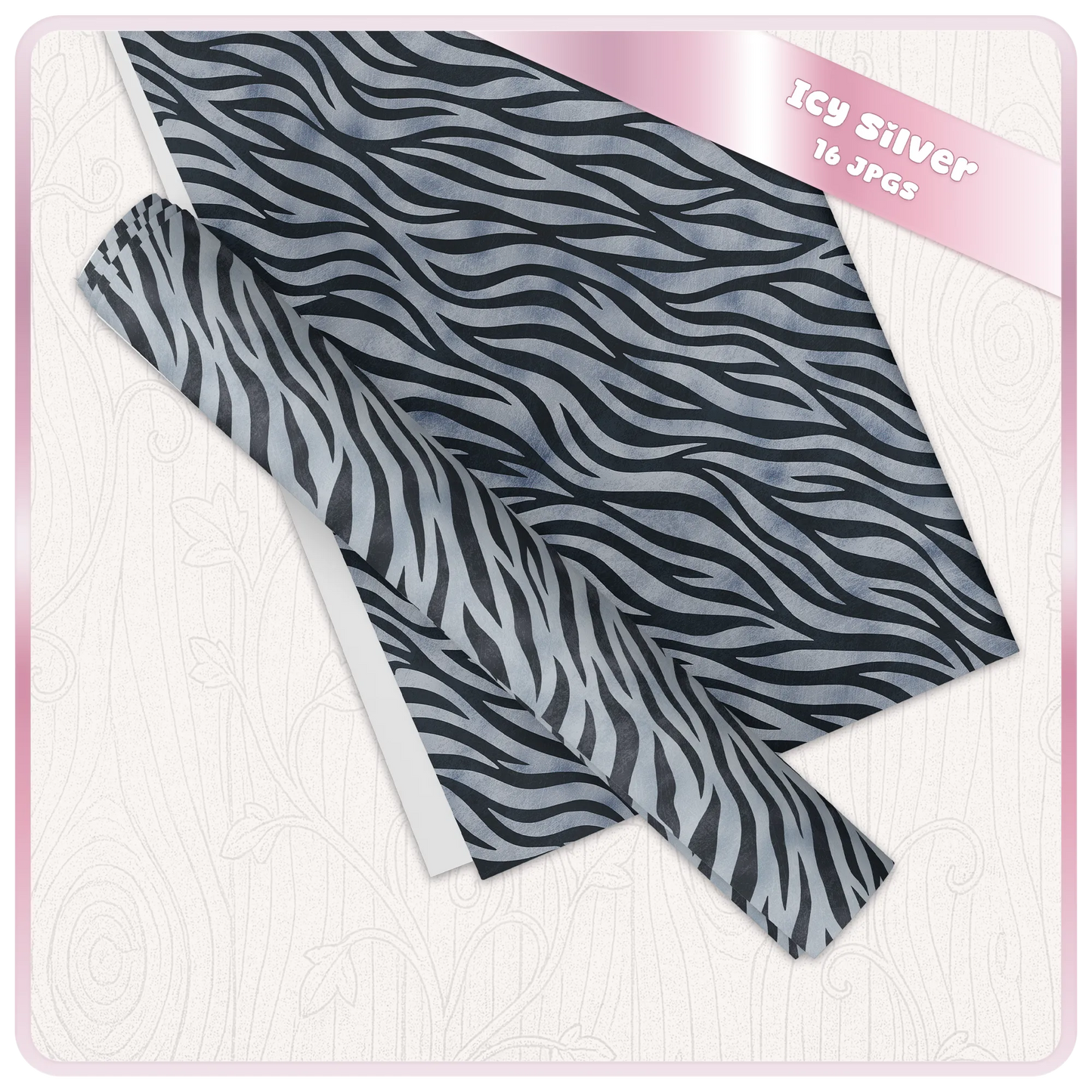 Icy Silver zebra print digital paper mockup showing seamless JPG pattern for wrapping paper, stationery and craft projects.