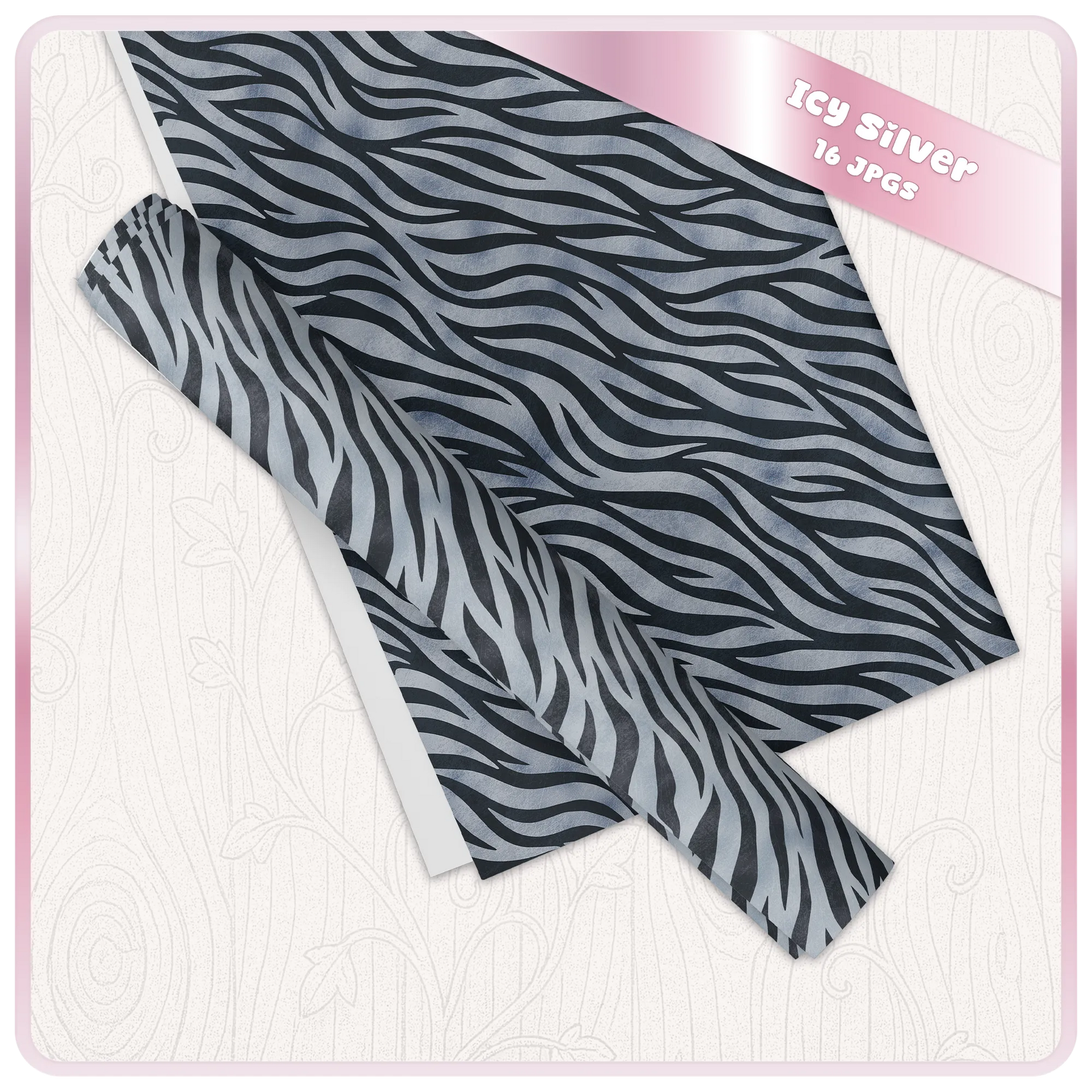 Icy Silver zebra print digital paper mockup showing seamless JPG pattern for wrapping paper, stationery and craft projects.